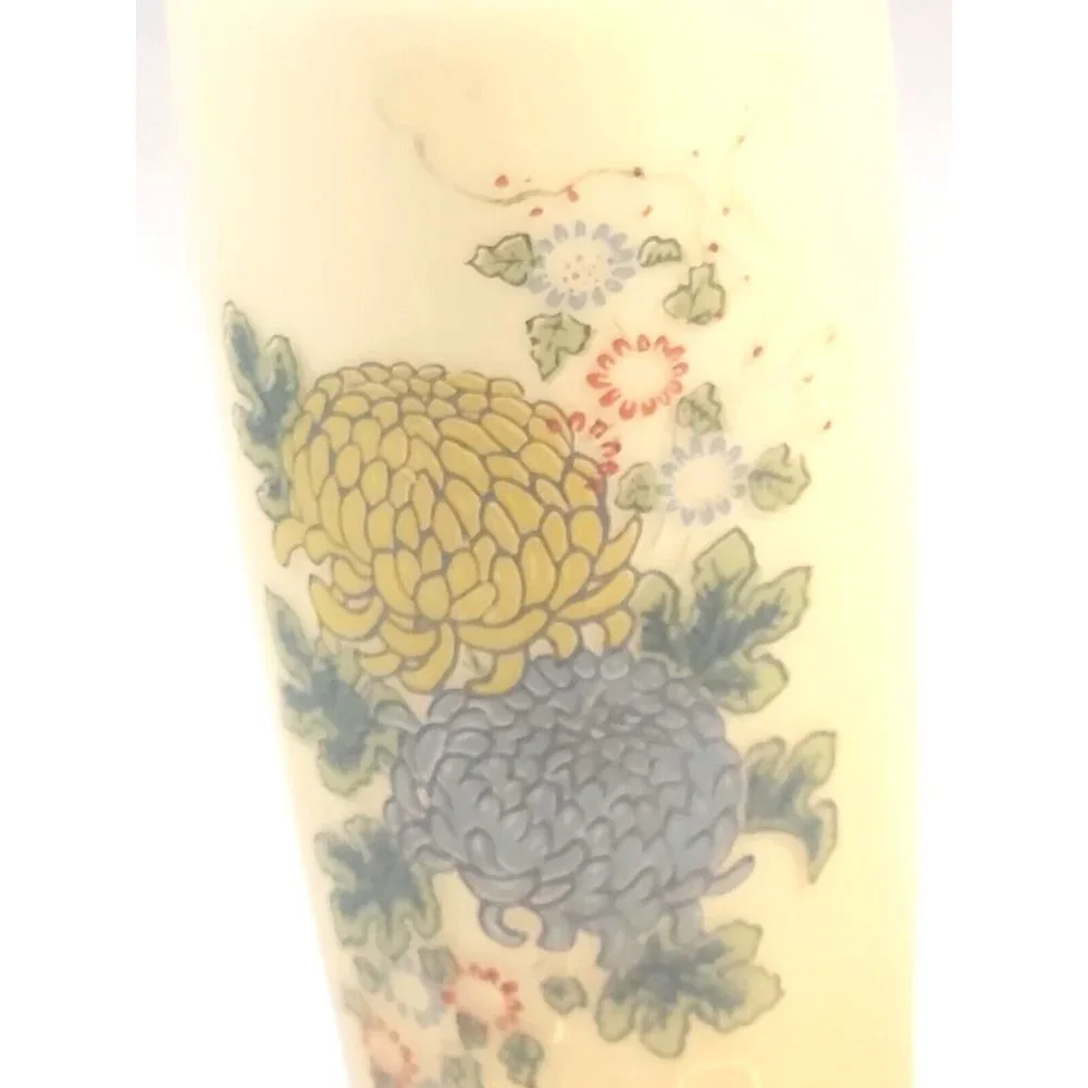 Vtg Hand Blown Golden Amber White Encased Glass Vase Hand Painted Flowers 8